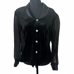Black velvet long sleeve blouse with sheer sleeves and button front